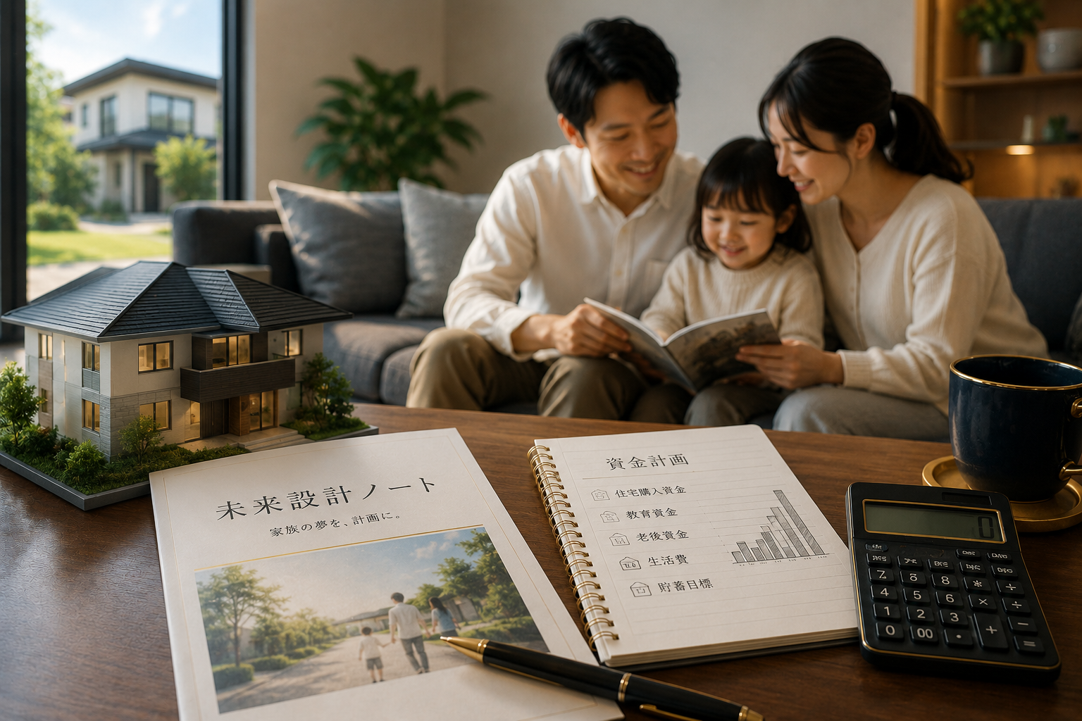 家族が将来設計と住宅資金計画について話し合う安心感のある写真